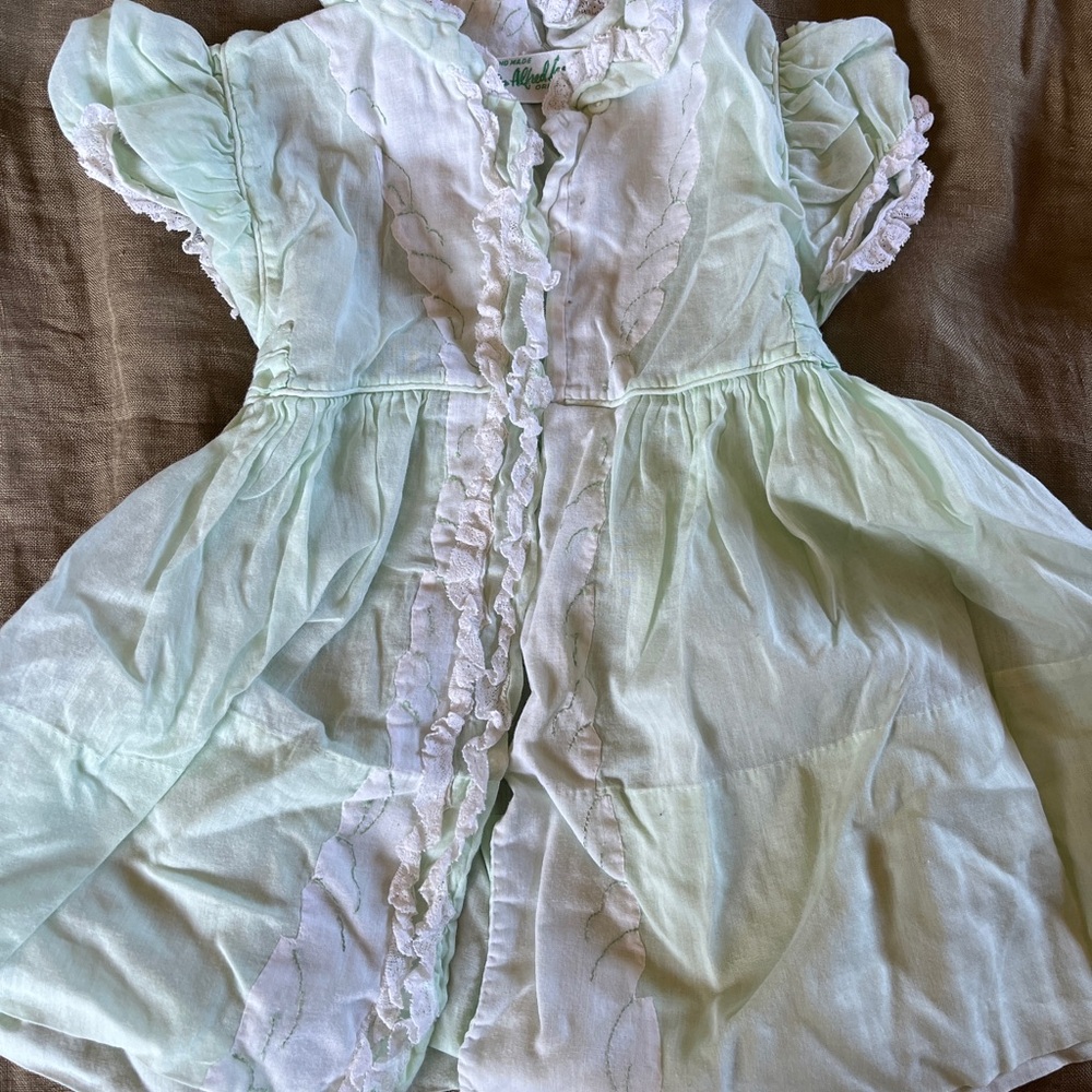 Alfred Leon Vintage Light Green Ruffled Dress Easter Dress Handmade
